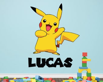 Gaming Name Wall Decal for Kids Pika Inspired Boys Wall Decor Poke Bedroom Video Game Removable Wall Art Vinyl Mural Sticker