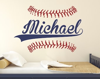 Calcomanía de pared con nombre de béisbol, decoración de pared deportiva de béisbol personalizada para dormitorio infantil, sala de juegos, mural de vinilo con costura de béisbol personalizada