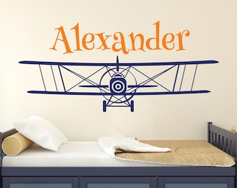 Gepersonaliseerde muursticker vliegtuignaam voor kinderen tweedekker muur decor kinderkamer muur sticker vliegtuig jongens groot vliegtuig sticker kunst vinyl muurschildering sticker