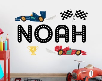 Personalized Racing Name Wall Decal Checkered Flags Wall Stickers for Kids Cars Wall Decor Race Car Boys Bedroom Art Mural Vinyl Sticker
