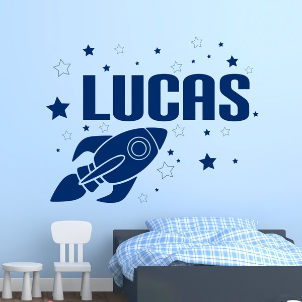 Personalized Rocket Name Wall Decal for Kids Bedroom Space Wall Sticker Nursery Wall Decor Astronaut Boys Room Custom Art Vinyl Stickers