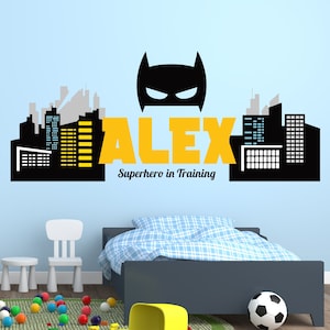 Superhero Name Wall Decal for Kids Superhero Wall Decor Boys Bedroom Bat City Skyline Stickers Dark Knight Playroom Wall Decals Sticker