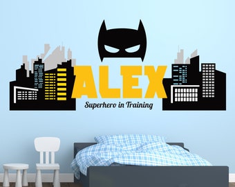 Superhero Name Wall Decal for Kids Superhero Wall Decor Boys Bedroom Bat City Skyline Stickers Dark Knight Playroom Wall Decals Sticker