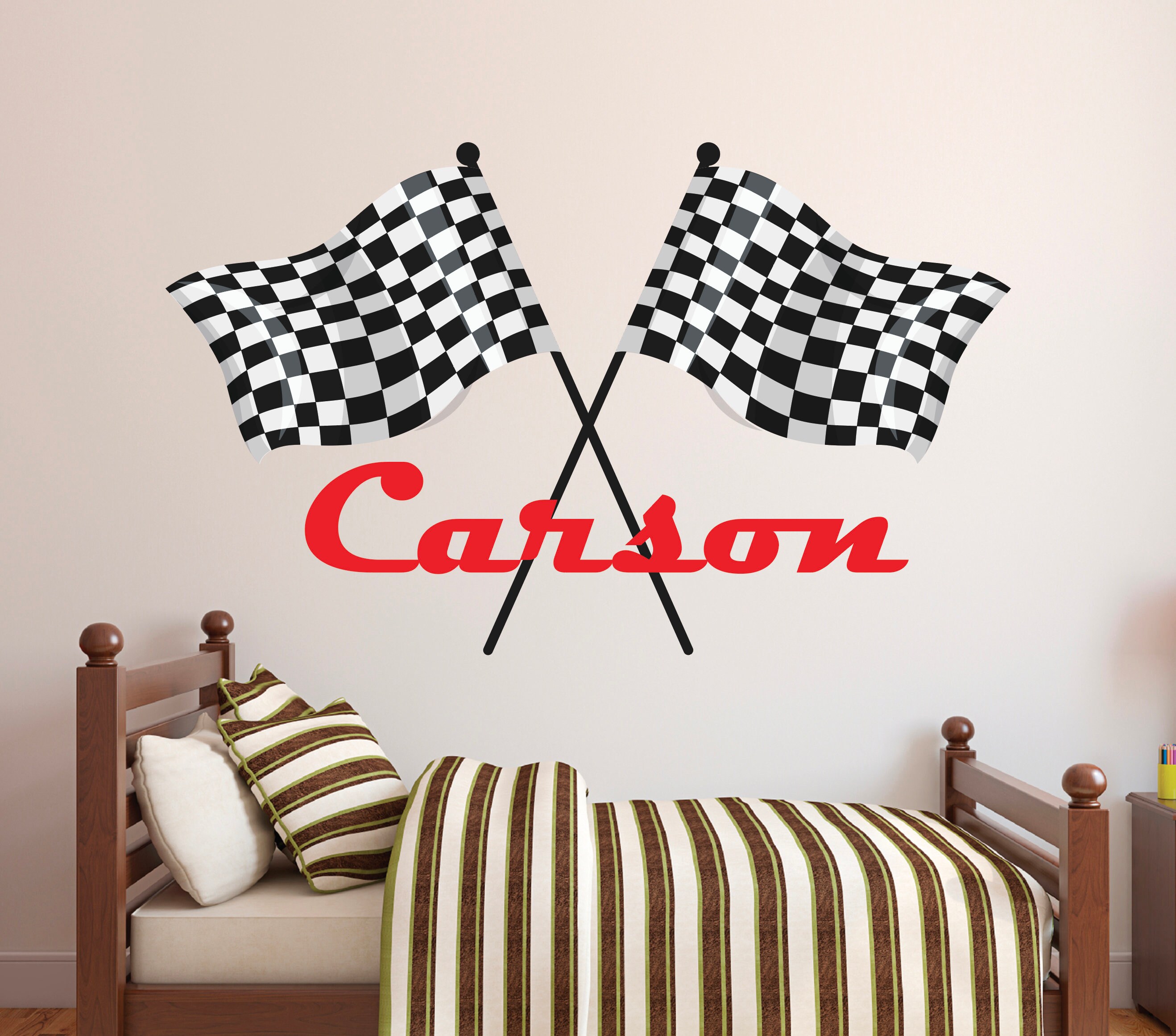 Custom Racing Flags Name Wall Decal for Boys Bedroom Race Themed ...