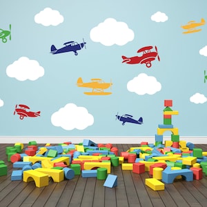 Airplane Wall Decals Airplanes and Clouds Wall Decal Set Kids Nursery Playroom Classroom Wall Decor Removable Wall Art Mural Vinyl Sticker