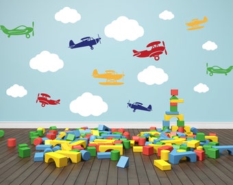 Airplane Wall Decals Airplanes and Clouds Wall Decal Set Kids Nursery Playroom Classroom Wall Decor Removable Wall Art Mural Vinyl Sticker