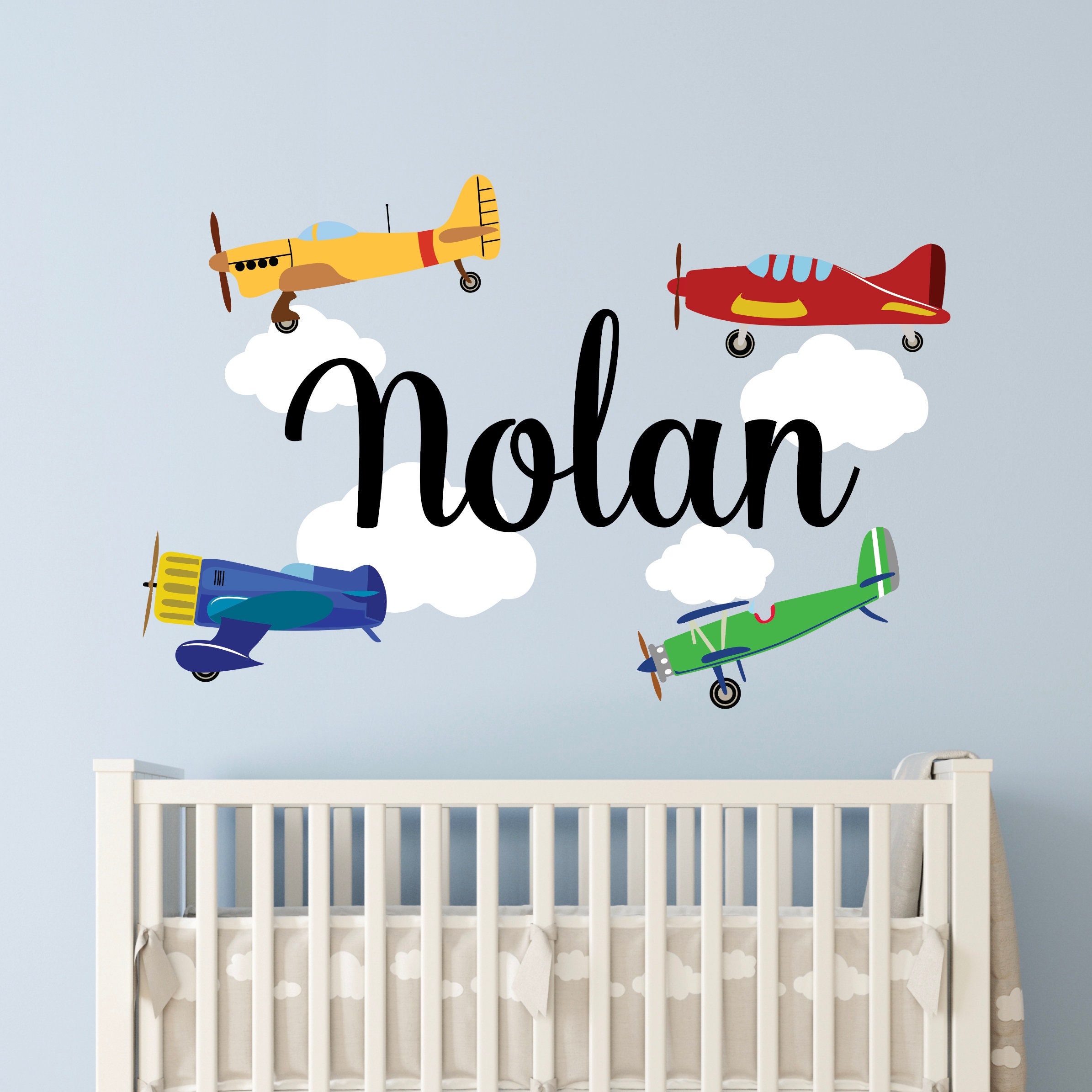 Custom Name Airplanes Wall Decal for Boys Baby Airplane & Clouds Wall ...