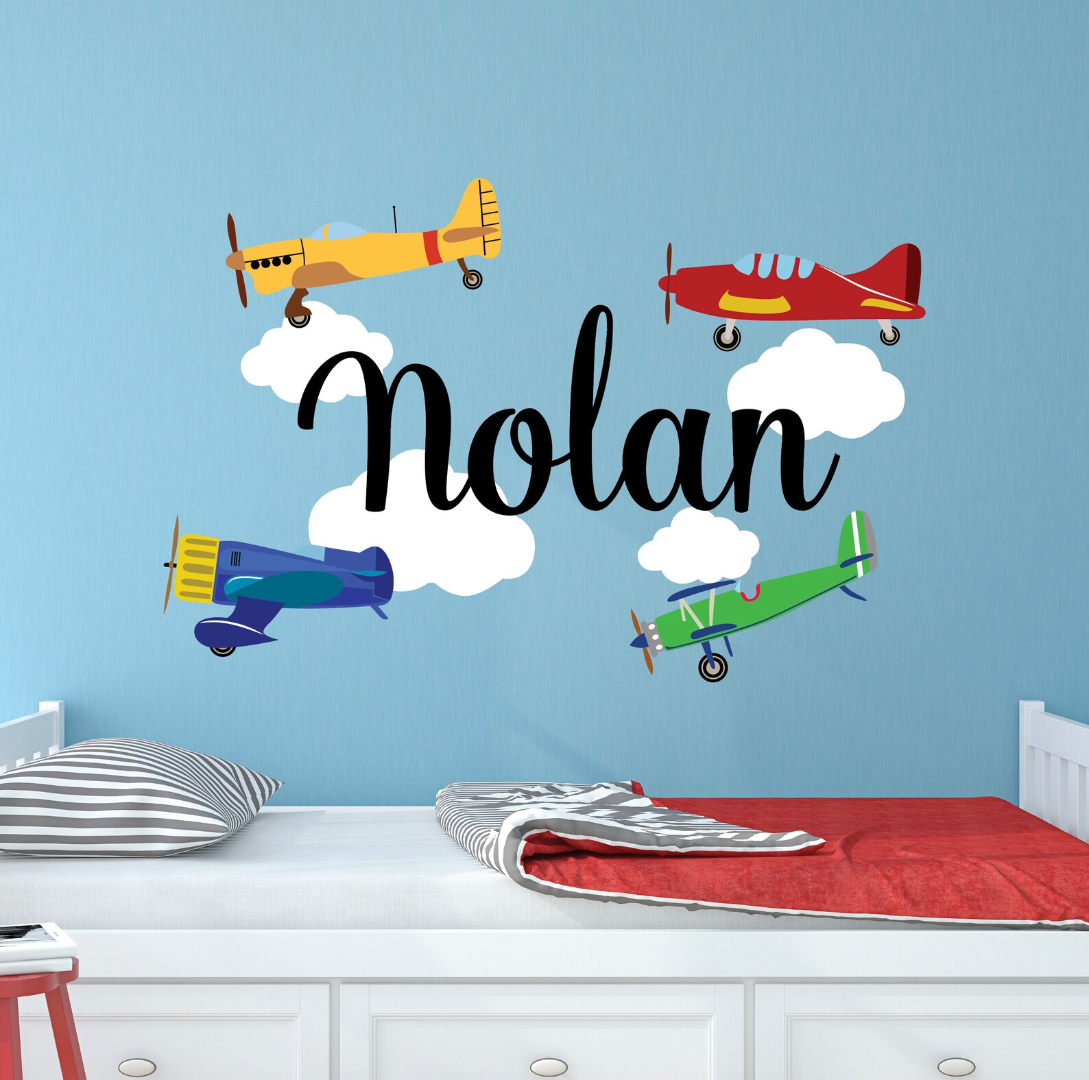 Custom Name Airplanes Wall Decal for Boys Baby Airplane & Clouds Wall ...