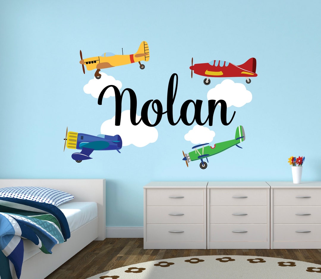 Custom Name Airplanes Wall Decal for Boys Baby Airplane & Clouds Wall ...