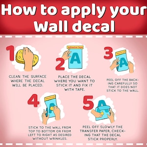 Puede incluir: Gu&iacute;a ilustrada con cinco pasos sobre c&oacute;mo aplicar una calcoman&iacute;a de pared. Los pasos est&aacute;n numerados del 1 al 5 e incluyen im&aacute;genes de manos aplicando la calcoman&iacute;a. El texto incluye las palabras "Limpiar la superficie", "Colocar la calcoman&iacute;a", "Despegar el respaldo", "Pegar a la pared" y "Despegar lentamente".