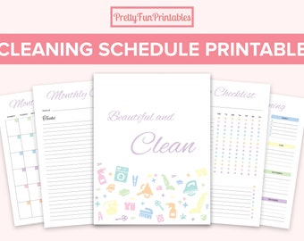 May include: Printable cleaning schedule with a monthly calendar, checklist, and a list for each month. The title is "Cleaning Schedule Printable" and the sub-title is "Beautiful and Clean". The design features pastel colors and cleaning icons.