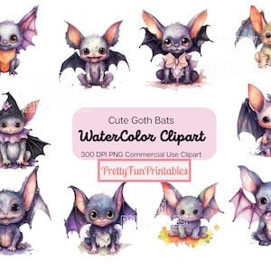 May include: Set of ten watercolor illustrations of cute goth bats with purple, pink, and black wings. The bats have big eyes and are in various poses. The text "Cute Goth Bats Watercolor Clipart 300 DPI PNG Commercial Use Clipart Pretty Fun Printables" is at the bottom of the image.