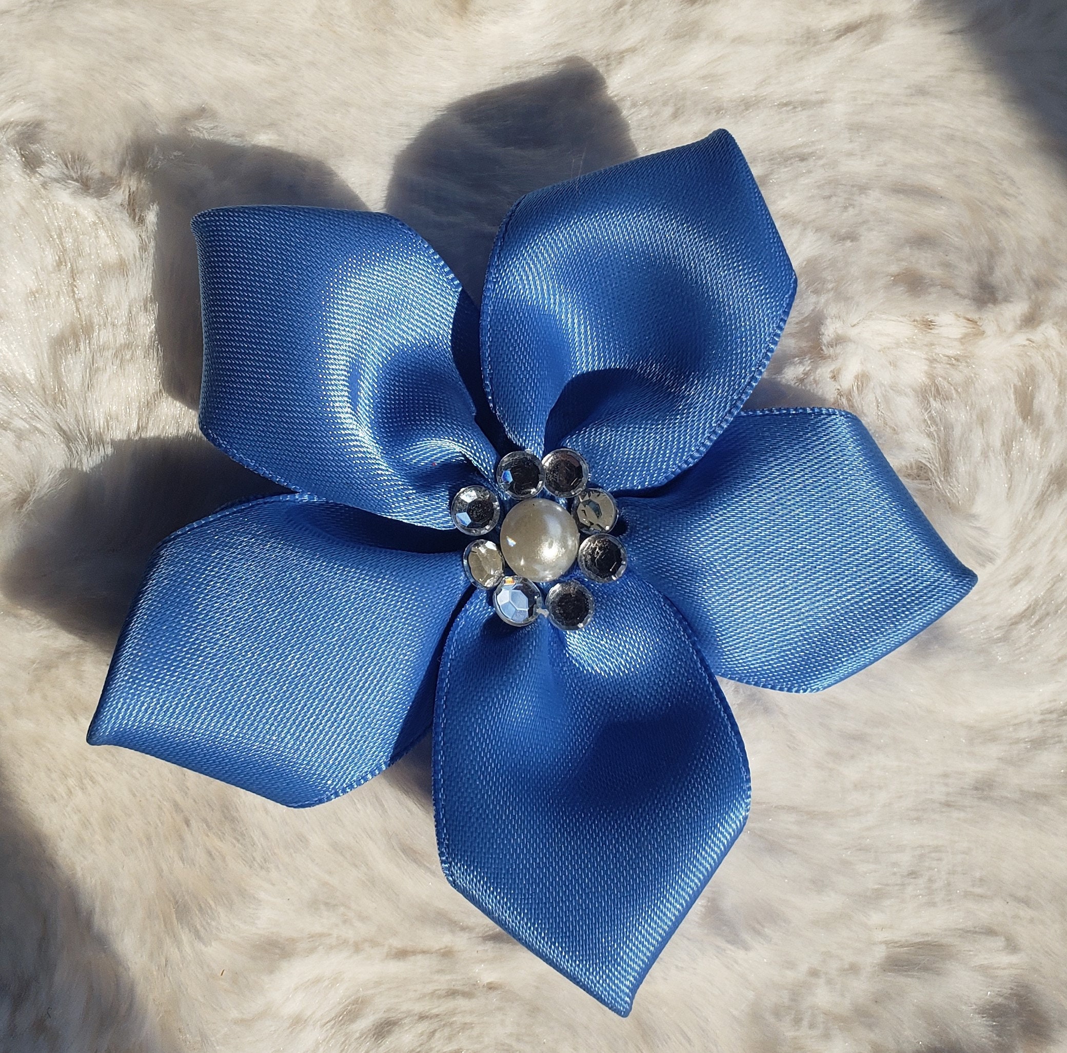 Blue Flower Hair Clip With Rhinestone and Pearl Center - Etsy UK