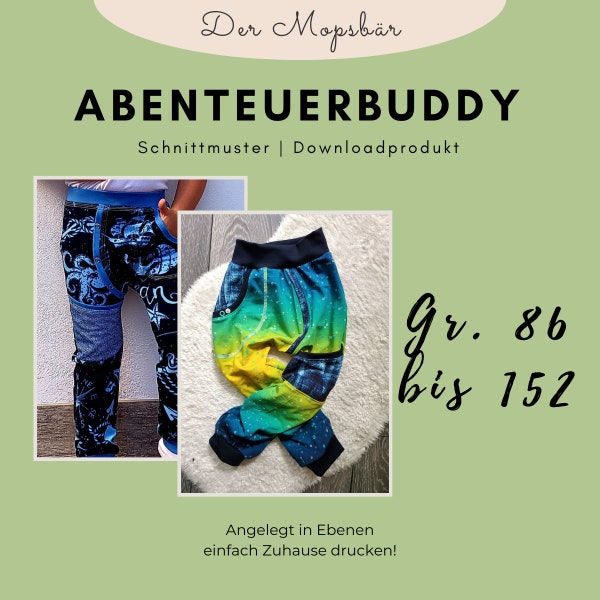 Ebook Hose Gr. 86-152 | PDF Download | Schnittmuster | Kinderhose | Kinderschnittmuster | A4+A0 Datei | Ebenenschnittmuster | Abenteuerbuddy