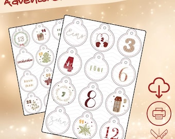 Chiffres du calendrier de l'Avent / Étiquettes rondes / Chiffres à imprimer / Modèle de bricolage Calendrier de Noël nature / Calendrier de l'Avent pour adultes