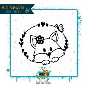 May include: Black and white line art illustration of a fox with a flower on its head, looking out from a circle with hearts and a butterfly. The fox is surrounded by leaves and hearts.
