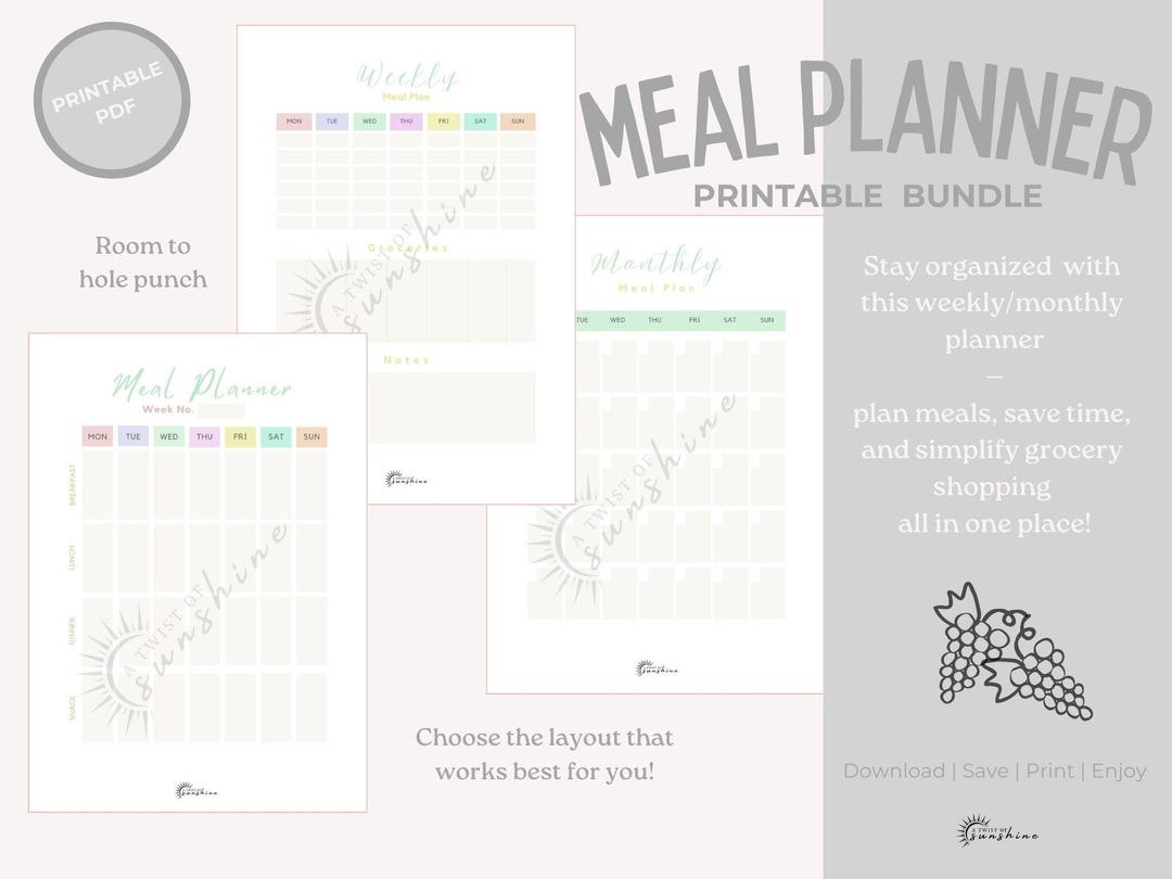 PRINTABLE MEAL PLANNER Bundle | Weekly Meal Planner | Monthly Meal ...