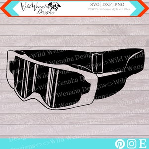 May include: Black and white silhouette of a pair of ski goggles with a strap. The goggles have a wide, rounded shape and a thick frame. The strap is adjustable and has a buckle.