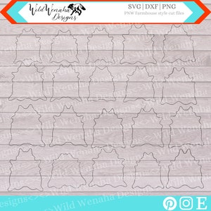 May include: A set of 15 black and white farmhouse style frames with a wavy, irregular border. The frames are on a woodgrain background.  SVG | DXF | PNG PNW Farmhouse style cut files