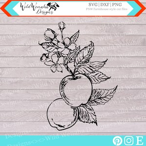 May include: Black and white line art illustration of two apples with leaves and blossoms. The image is on a woodgrain background.