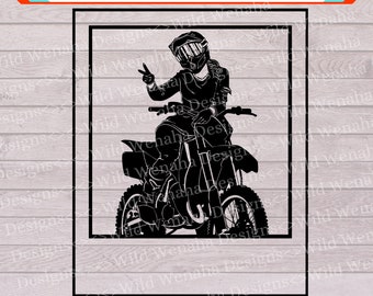 May include: Black and white silhouette of a person riding a dirt bike. The person is wearing a helmet and goggles. The bike has a large front tyre and a smaller rear tyre. The image is framed in a square.