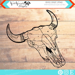 May include: Black and white line art illustration of a bull skull with detailed lines and textures. The skull is facing to the right and has a large horn on the left side. The image is set against a wood grain background.