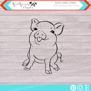 Puede incluir: Ilustración en blanco y negro de un lechón con una expresión feliz. El lechón está sentado con las patas delanteras cruzadas y la cola enroscada. El lechón tiene ojos grandes y un hocico pequeño.