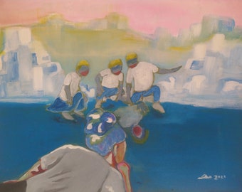 May include: A painting of four figures wearing yellow hats and white shirts, standing on a blue surface. The figures are looking down at a blue and green object in the center of the painting. The background is a soft pink and yellow.