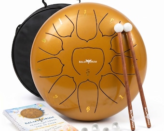 10 Inch Gold Balmy Steel Tongue Drum, 11-Tone Teen Relaxation Set