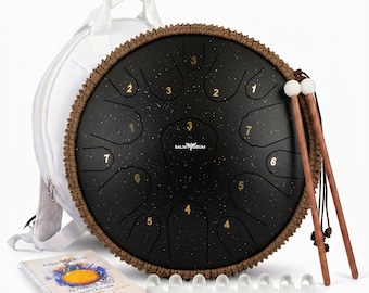 Black Balmy 14" Steel Tongue Drum 15 Note, Premium Adult Percussion Instrument, Deep Resonance Sound Healing Handpan