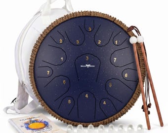 Blue Balmy 14" Steel Tongue Drum 15 Tone,  Adult Meditation Sound Healing Instrument, Calming Zen Percussion Handpan Gift