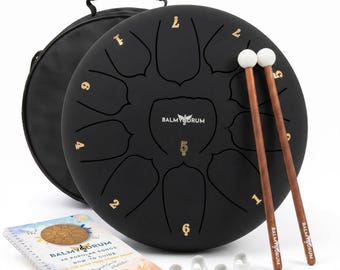Black Balmy 10" Steel Tongue Drum 11 Note, All Ages Hobby Handpan, Teen Musical Instrument Gift for Portable Mindfulness