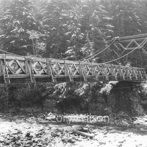 Winter Bridge Print - Snow Mount Rainier Trees - Wall Art BW -  Spooky Fine Art