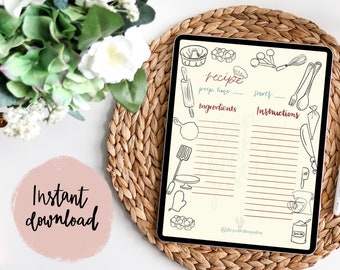 Recipe Digital Note Page / Instant Download / Notepad
