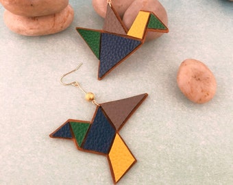 Origami Bird Earrings, Geometric Leather Dangle Earrings