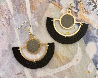 Leather Drop Earring, Handmade Leather Earrings, Unique Earrings, Geometric Earrings, Black and Gold Earrings