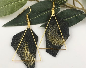 Geometric Leather Statement Earrings, Black and Gold Drop Earrings