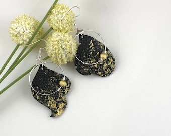 Leather Statement Earrings, Black and Gold Dangle Earrings