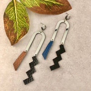 Geometric Dangle Earrings, Asymmetrical Earrings, Leather Drop Earrings, Statement Earrings