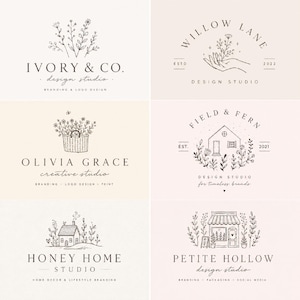 Może przedstawiać: Kolekcja sześciu czarno-białych projektów logo z ilustracjami botanicznymi, domami i witrynami sklepowymi. Tekst zawiera Ivory & Co., Willow Lane, Olivia Grace, Field & Fern, Honey Home Studio oraz Petite Hollow Design Studio.