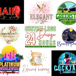 Pu&ograve; includere: Una collezione di nove loghi grafici distinti con vari temi, tra cui acconciature, cura del prato, feste in spiaggia, immobili, servizi di panetteria e cocktail, tutti visualizzati insieme in una griglia con una tipografia variegata.