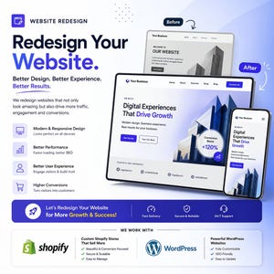 May include: A website redesign advertisement with the headline "Redesign Your Website." The image shows a before and after comparison of a website on a laptop, tablet, and smartphone. The ad highlights features like modern design, better performance, and higher conversions.