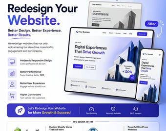 Usługa przeprojektowania witryny internetowej, projekt witryny Shopify, przeprojektowanie witryny WordPress, nowoczesna responsywna witryna biznesowa, projekt witryny przyjazny dla SEO