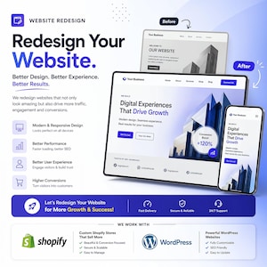 May include: A website redesign service advertisement featuring a tablet and smartphone displaying digital interfaces with the text Redesign Your Website, Better Design, Better Experience, Better Results, and logos for Shopify and WordPress platforms.