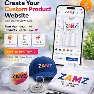 May include: Promotional product display featuring a white mug, blue cap, keychain, pen, and t-shirt, all branded with "ZAMZ" and the tagline "Your Design Your Way." The image also includes a smartphone displaying a custom design interface.