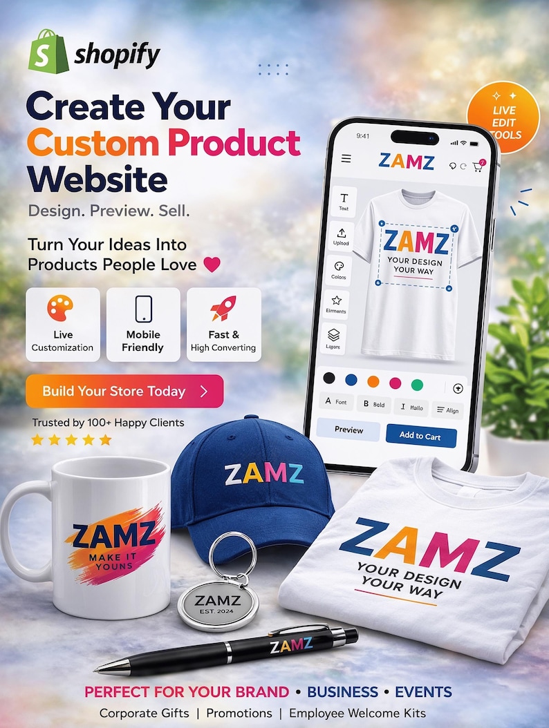 May include: Promotional product display featuring a white mug, blue cap, keychain, pen, and t-shirt, all branded with "ZAMZ" and the tagline "Your Design Your Way." The image also includes a smartphone displaying a custom design interface.