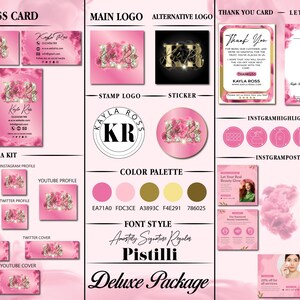 Pu&ograve; includere: Un kit di branding che include biglietti da visita, loghi, un biglietto di ringraziamento, carta intestata, icone per i social media e post di Instagram. Il design utilizza un tema floreale rosa con accenti dorati.