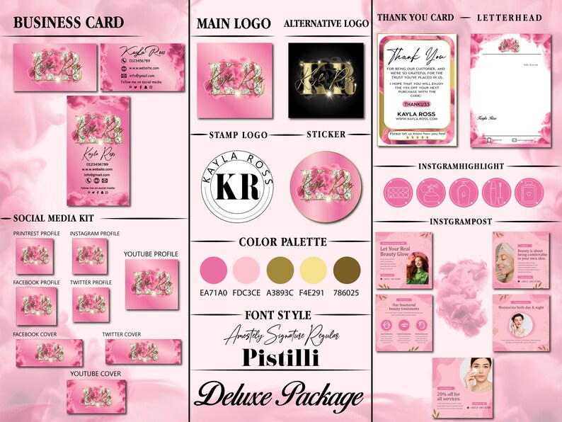 Pu&ograve; includere: Un kit di branding che include biglietti da visita, loghi, un biglietto di ringraziamento, carta intestata, icone per i social media e post di Instagram. Il design utilizza un tema floreale rosa con accenti dorati.
