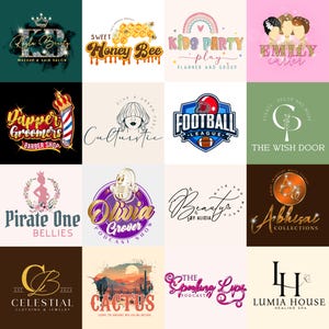 以下が含まれることがあります： Kayla Beauty、Sweet Honey Bee、Kids Party Play、Emily Carter、Dapper Groomers、Culturstic、Football League、The Wish Door、Pirate One Bellies、Olivia Grover、Beauty by Alicia、Abhisai Collections、Celestial、Cactus、The Speaking Lips、Lumia Houseなど、多様なタイポグラフィ、イラスト、ブランド名を含む16種類のグラフィックロゴのコレクション。