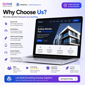 Może przedstawiać: Laptop wyświetla reklamę usługi projektowania stron internetowych. Ekran pokazuje stronę internetową z tekstem "Building Websites That Drive Success". Reklama podkreśla funkcje takie jak niestandardowy projekt, optymalizacja mobilna i wsparcie ekspert&oacute;w. Tekst "Why Choose Us?" jest widoczny.